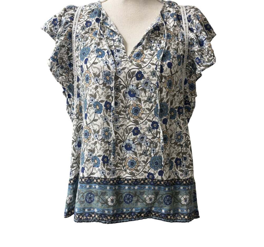Lucky Brand Women's Size Large L Blue Floral Flutter Sleeve Tunic Top Blouse